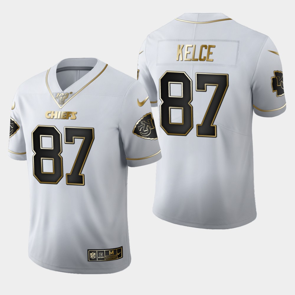 Men's Kansas City Chiefs #87 Travis Kelce White 2019 100th Season Golden Edition Limited Stitched NFL Jersey